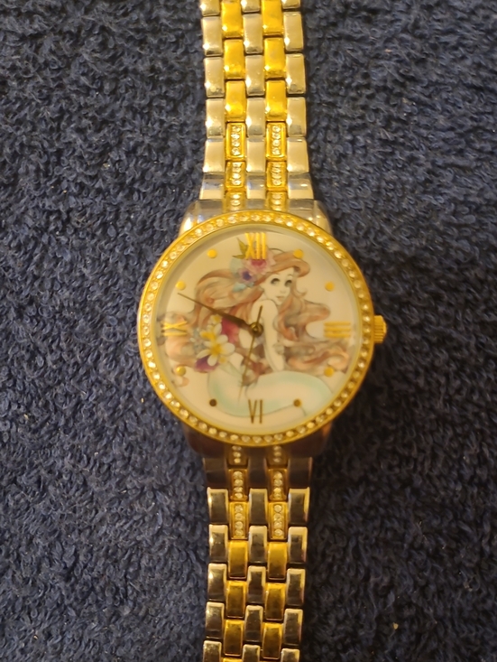 Disney Jewelry - Disney Gold Tone Mermaid Bracelet Watch with Floral Dial